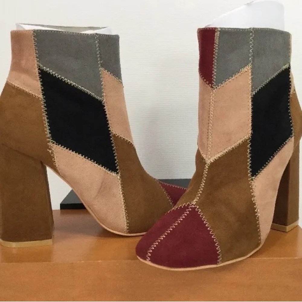 Multicolor patchwork faux suede ankle boots block heel